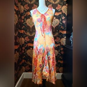 JW Los Angeles Silk Crinkle Midi Dress Orange Floral Boho Chic Johnny Was Small